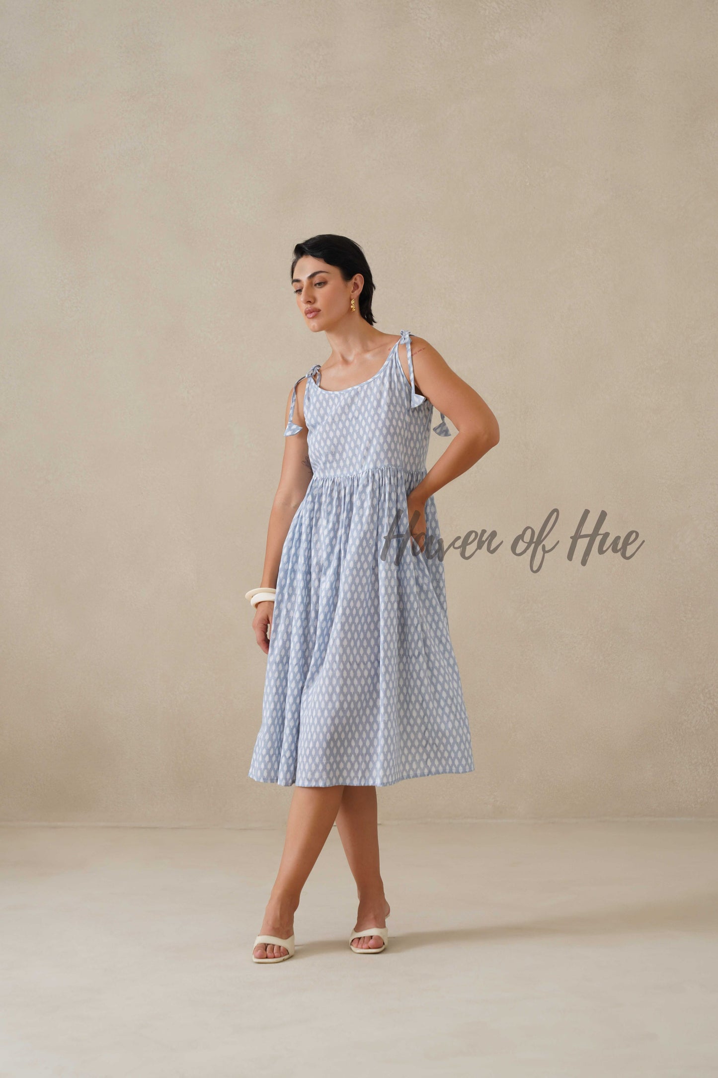 Blue Printed Cotton Dress | Tie Shoulder Summer Midi Dress