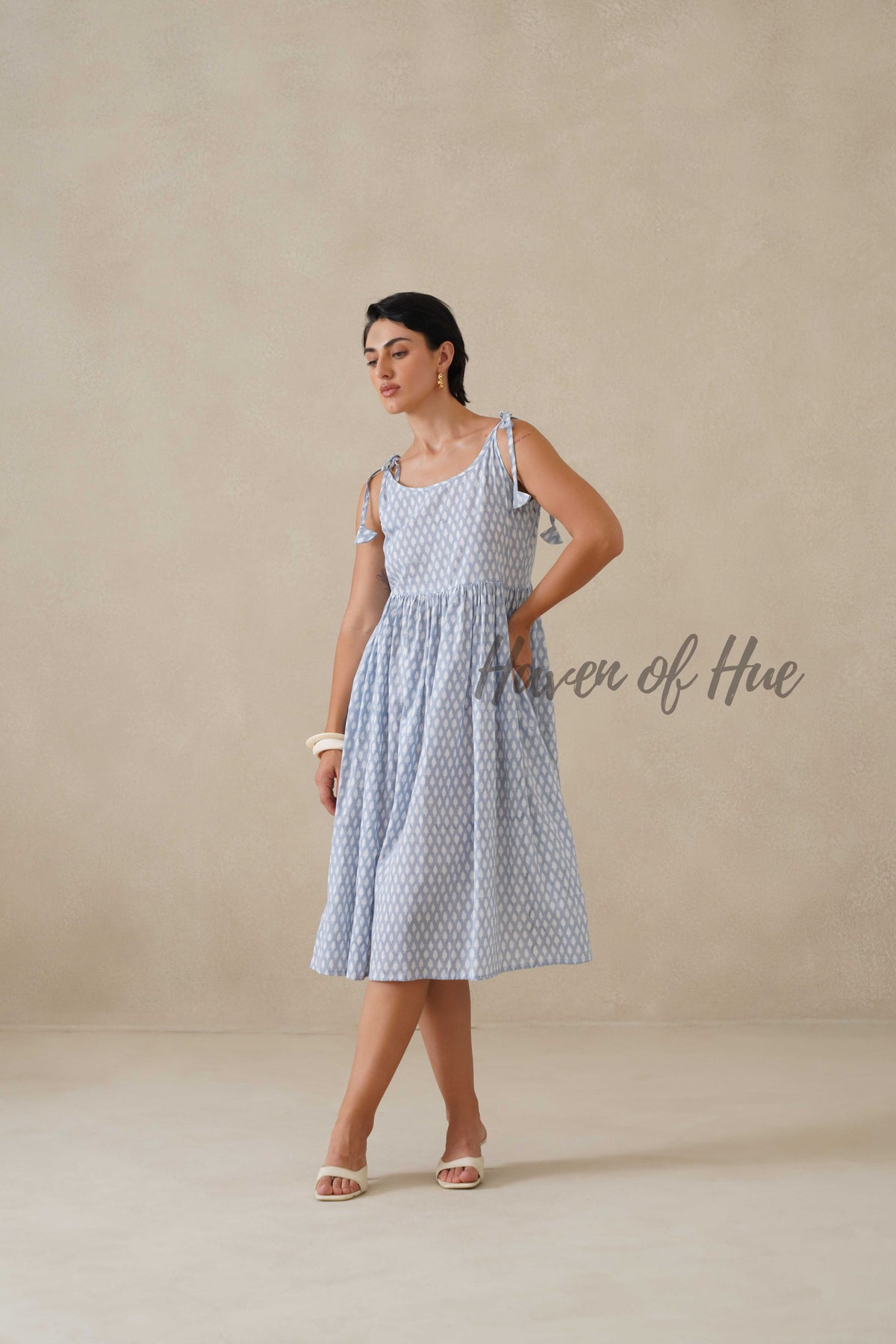 Blue Printed Cotton Dress | Tie Shoulder Summer Midi Dress