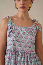 Women Cotton Tunic Top - Hand Block Print Tie-Shoulder Blouse - Floral Mint Boho Top - Artisan Relaxed Fit Sleeveless Summer Top