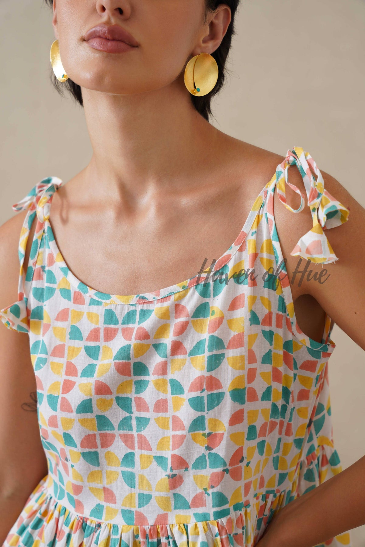 Cotton Midi Dress Summer Colorful Geometric Print Tie-Strap A-Line Casual Sun Dress - Multicolor Pastel