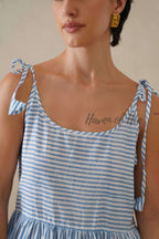 Cotton Midi Dress Summer Striped Tie-Strap A-Line Casual Sun Dress - Light Blue & White