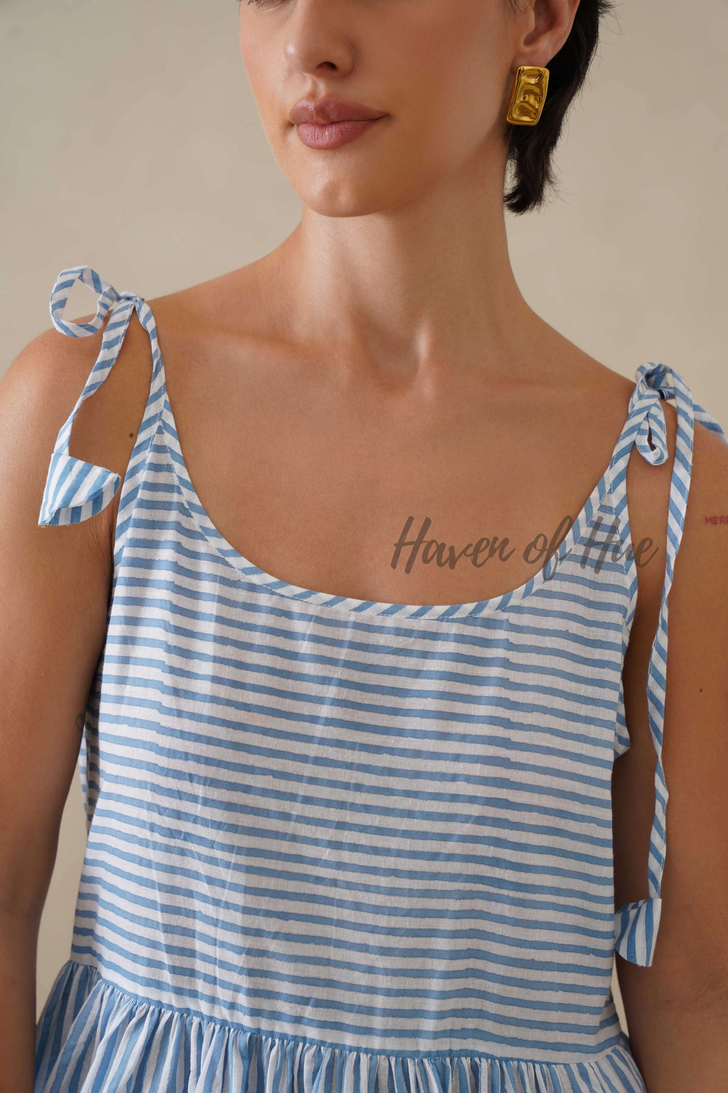 Cotton Midi Dress Summer Striped Tie-Strap A-Line Casual Sun Dress - Light Blue & White