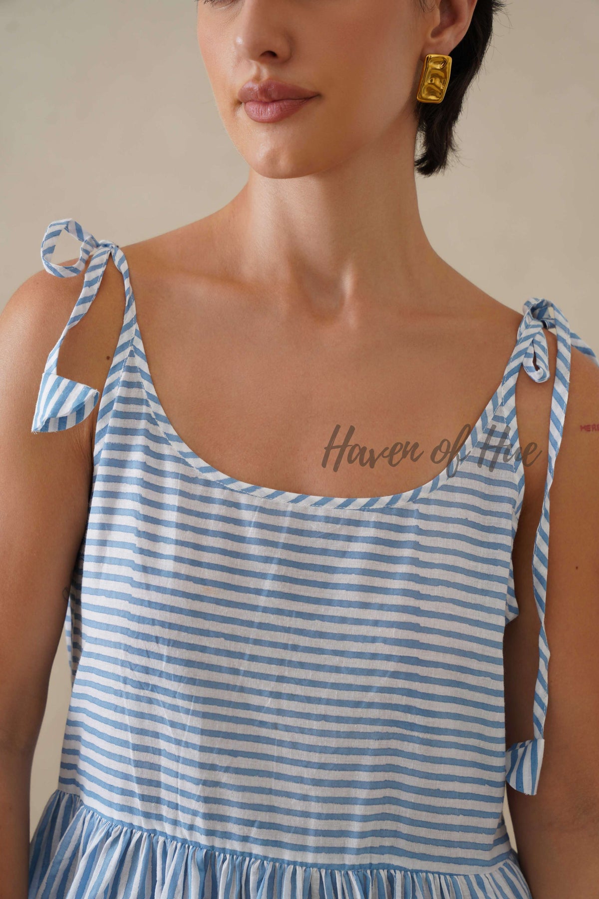 Cotton Midi Dress Summer Striped Tie-Strap A-Line Casual Sun Dress - Light Blue & White