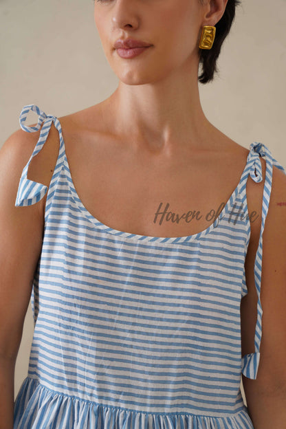 Cotton Midi Dress Summer Striped Tie-Strap A-Line Casual Sun Dress - Light Blue & White