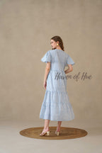 Blue Stripe Maxi Dress Cotton Flutter Sleeve Tiered