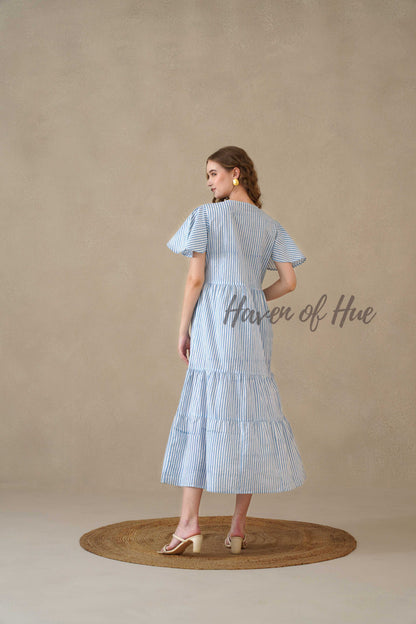 Blue Stripe Maxi Dress Cotton Flutter Sleeve Tiered