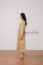 Yellow Floral Cotton Midi Dress - Boho Long Sleeve Cottagecore Dress