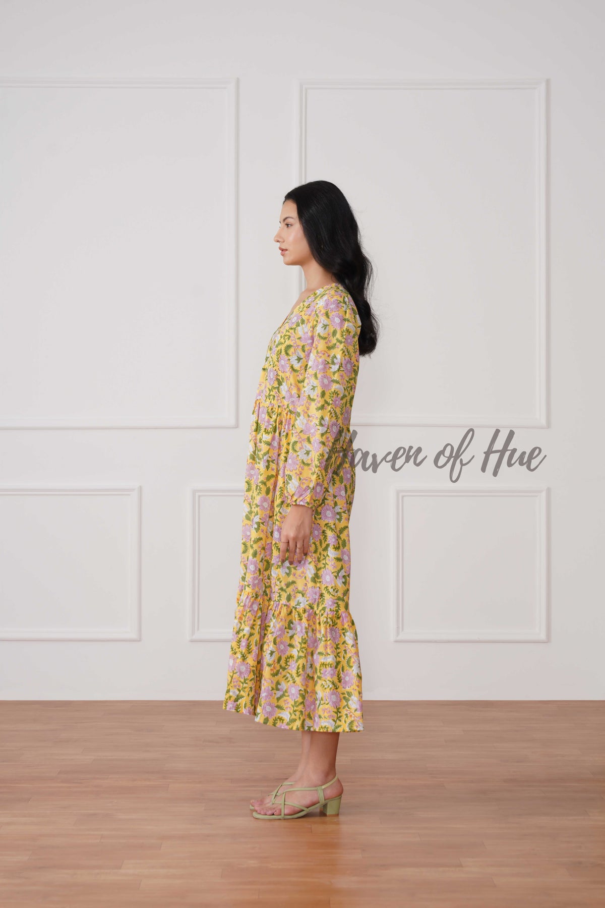 Yellow Floral Cotton Midi Dress - Boho Long Sleeve Cottagecore Dress