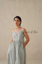 Cotton Midi Dress for Women, Green Floral Strappy V-Neck Summer Sundress