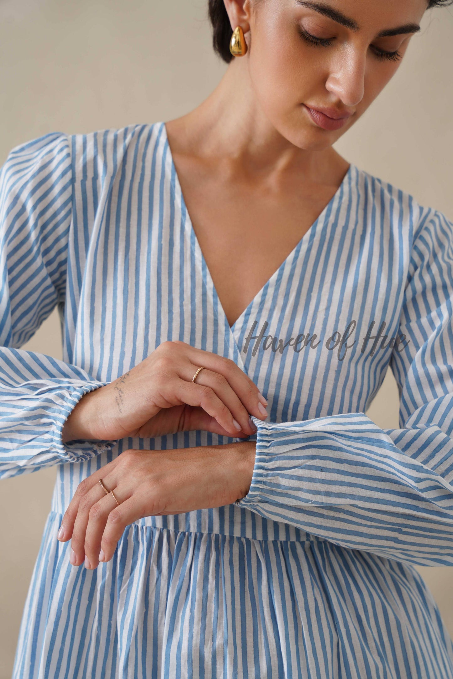 Blue Striped Cotton Dress with Long Sleeves, V-Neck Tiered Midi for Women