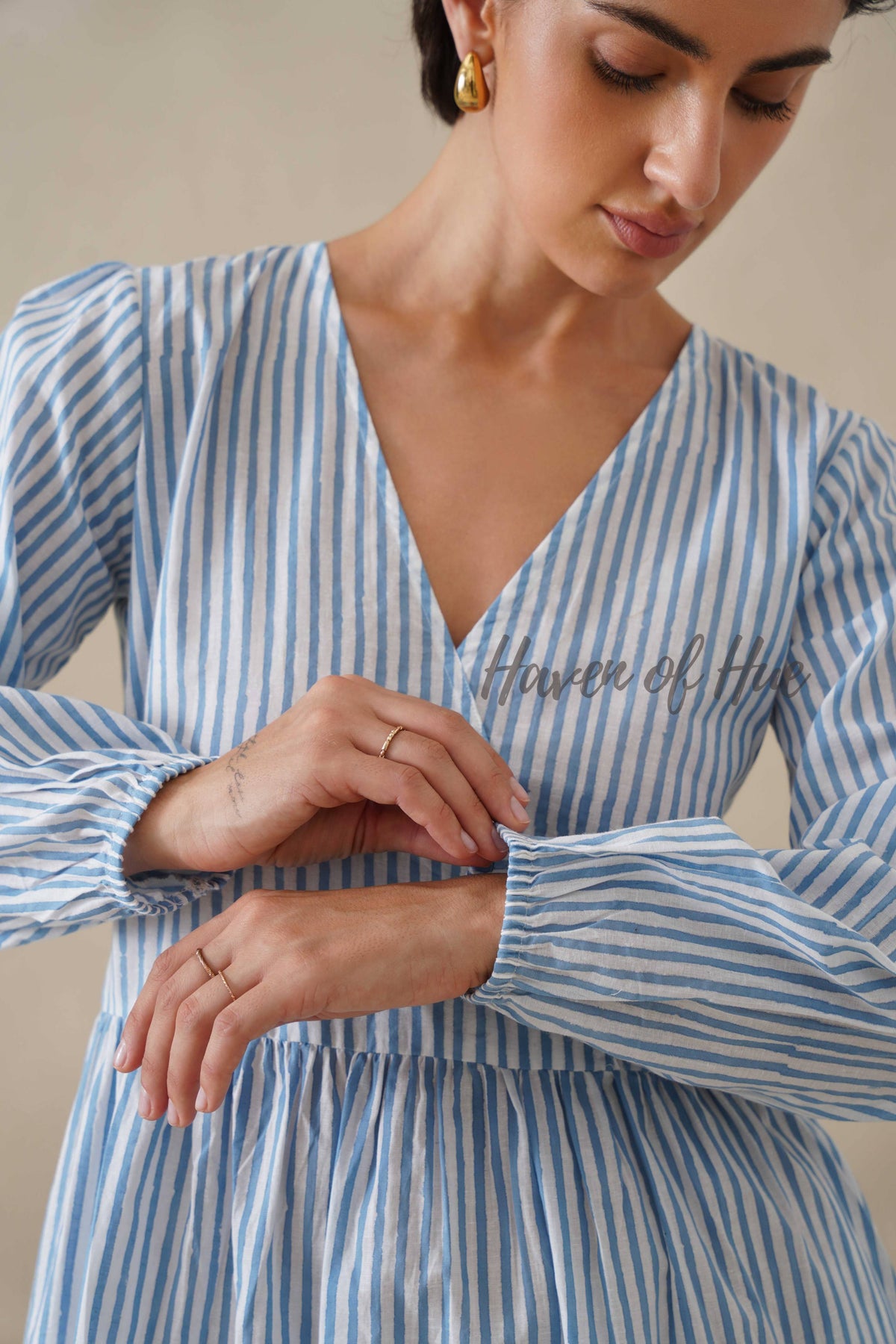 Blue Striped Cotton Dress with Long Sleeves, V-Neck Tiered Midi for Women