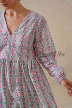 Floral Cotton Midi Dress with Long Sleeves, Pink Boho V-Neck Tiered Sundress