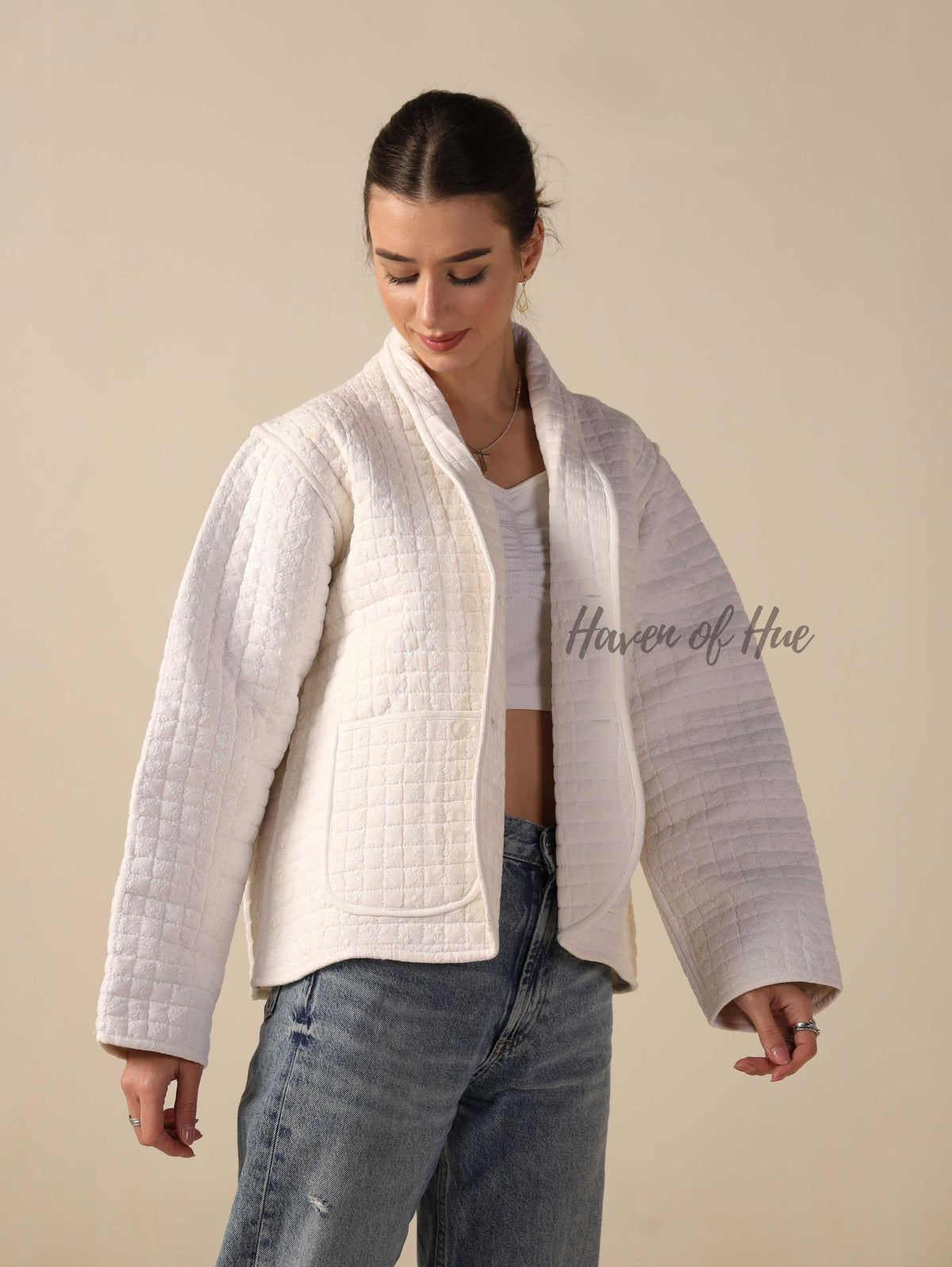 Women's Lightweight White Cotton Embroidered Casual Open Front Jacket