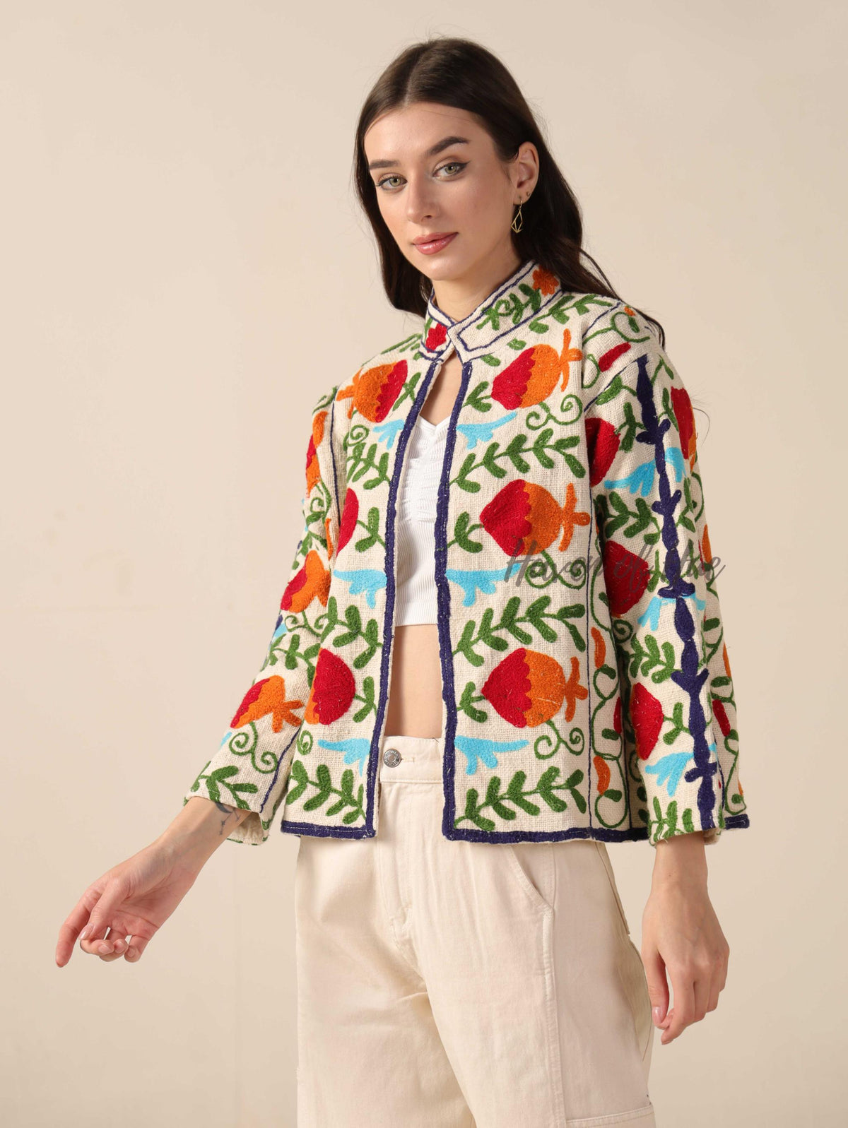 Women's White Cotton Embroidered Jacket Boho Lightweight Relaxed Fit