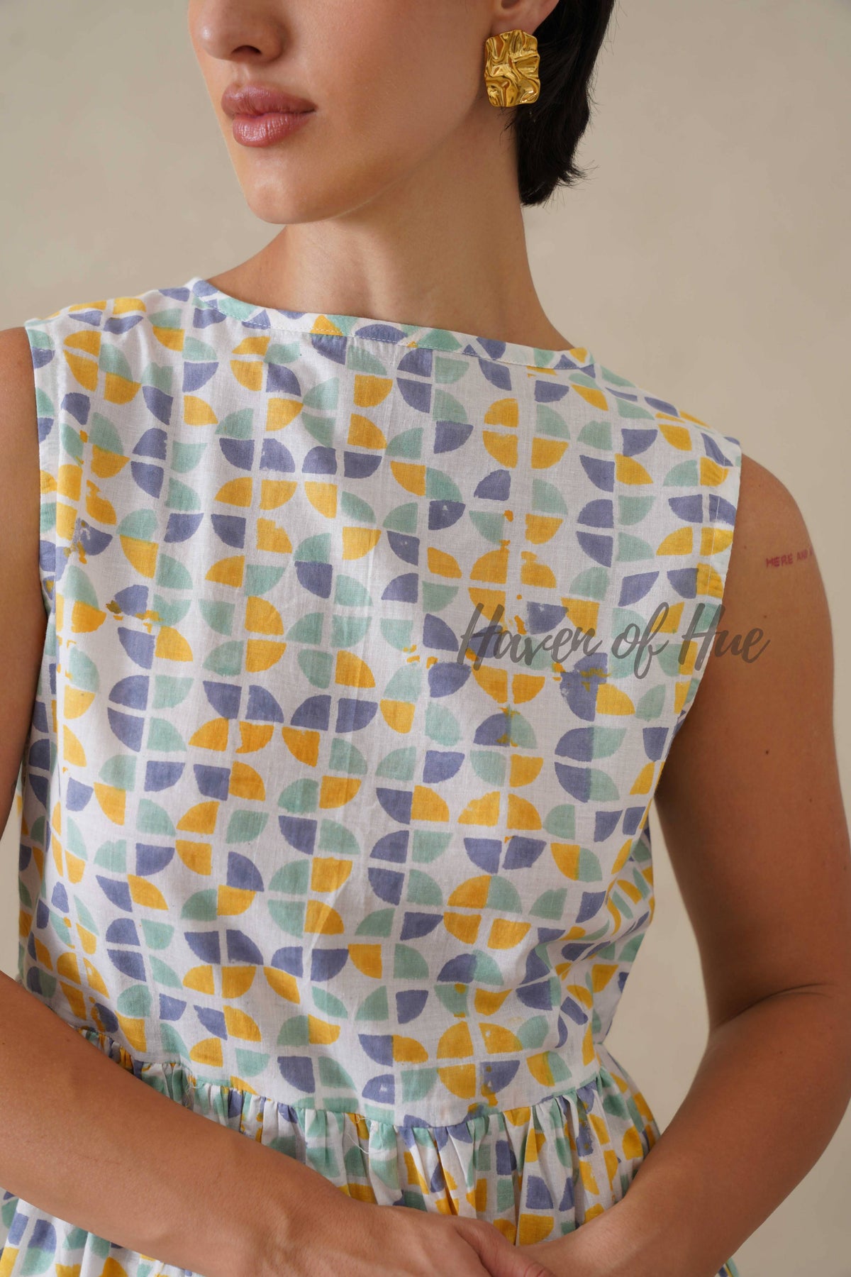 Geometric Pastel Cotton Dress | Sleeveless Boat Neck Midi Dress | Abstract Multi-Color Printed A-Line Summer Sundress