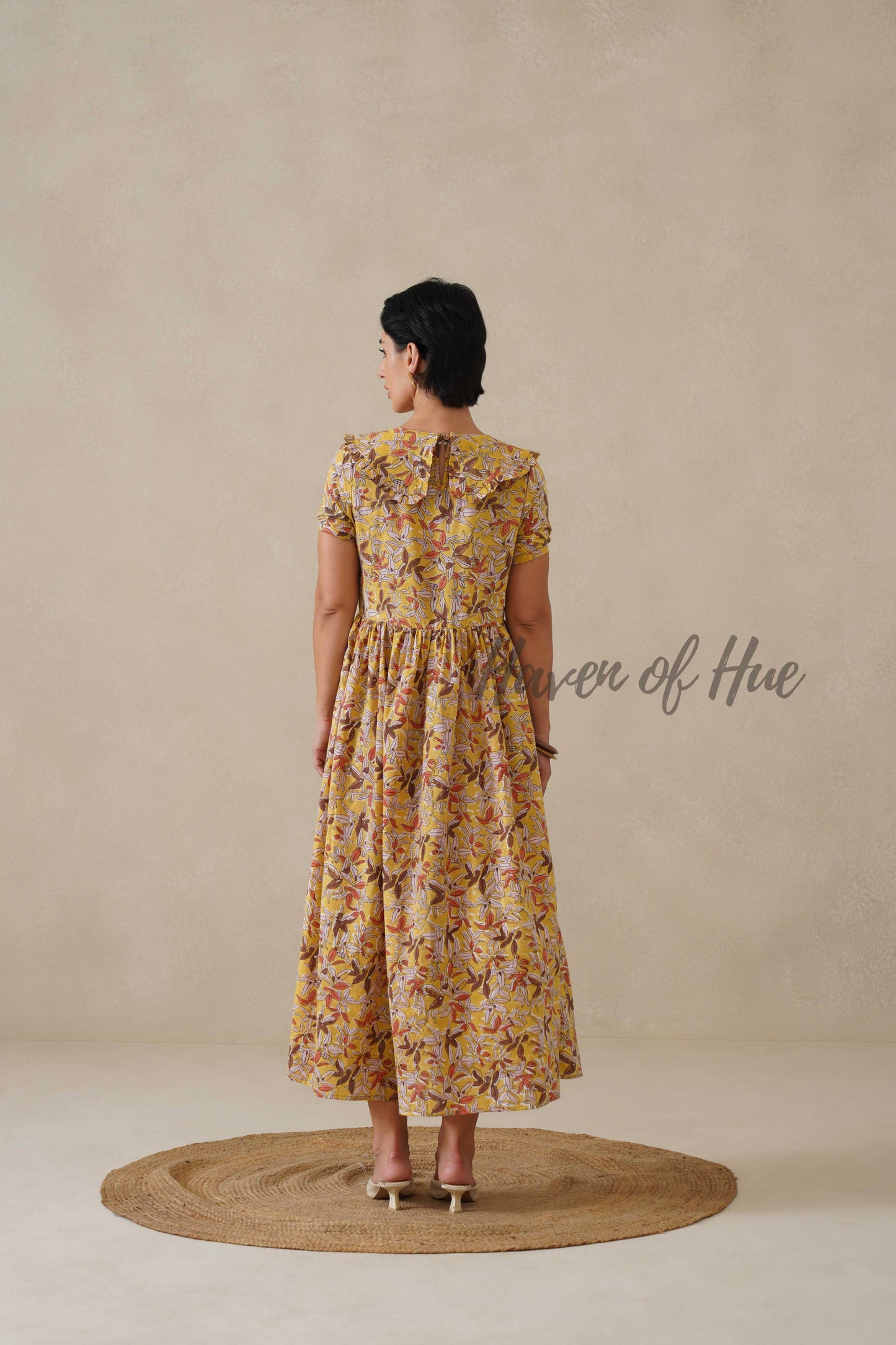 Yellow Floral Cotton Dress | Vintage Ruffle Collar Midi Dress | Boho Summer Short Sleeve Relaxed Fit Smock Dress