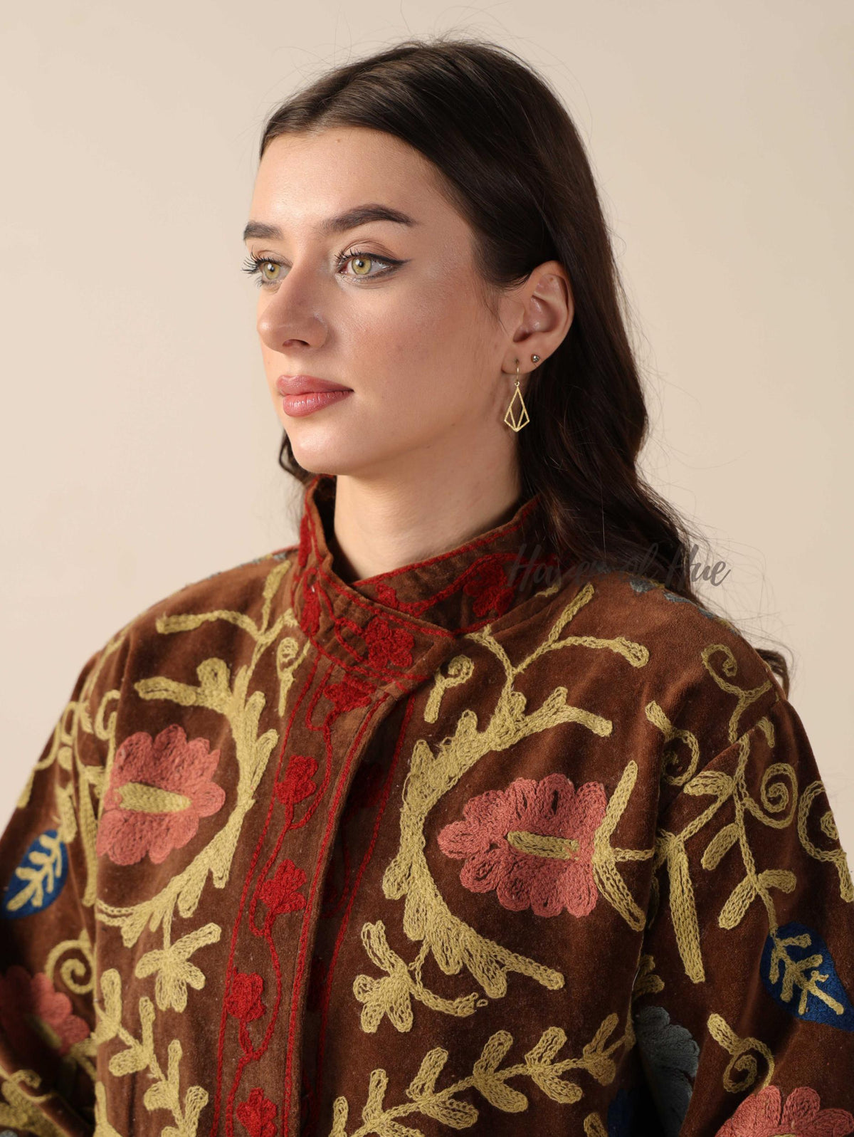 Women's Handcrafted Brown Suzani Velvet Jacket Floral Embroidered Boho Statement Coat