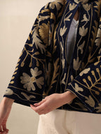 Navy Blue Suzani Velvet Jacket Gold Embroidered Boho Floral Statement Coat