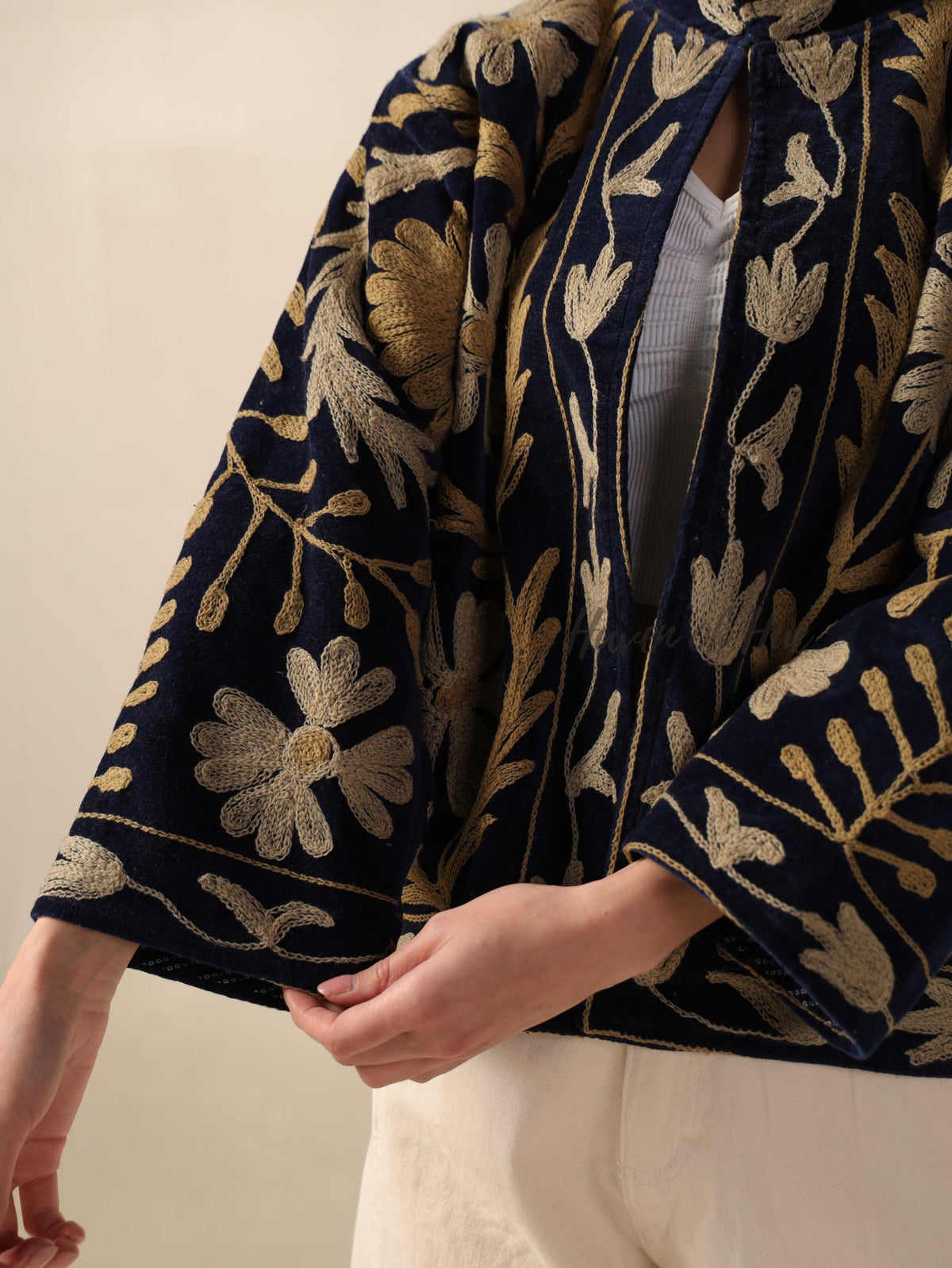 Navy Blue Suzani Velvet Jacket Gold Embroidered Boho Floral Statement Coat