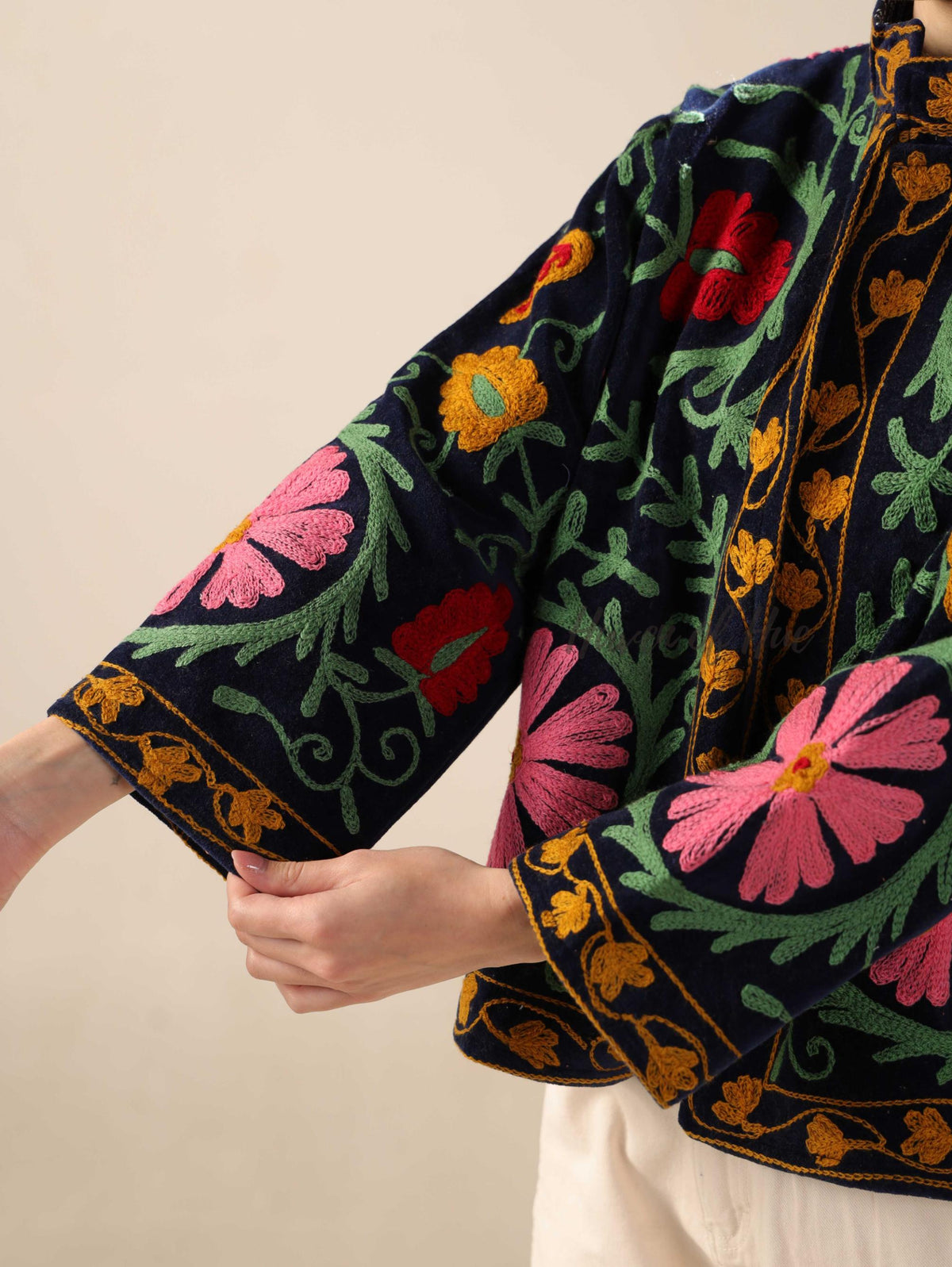 Black Suzani Velvet Jacket Pink Green Floral Embroidered Boho Chic Coat