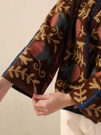 Brown Suzani Velvet Jacket Teal Floral Embroidered Boho Artisanal Statement Coat