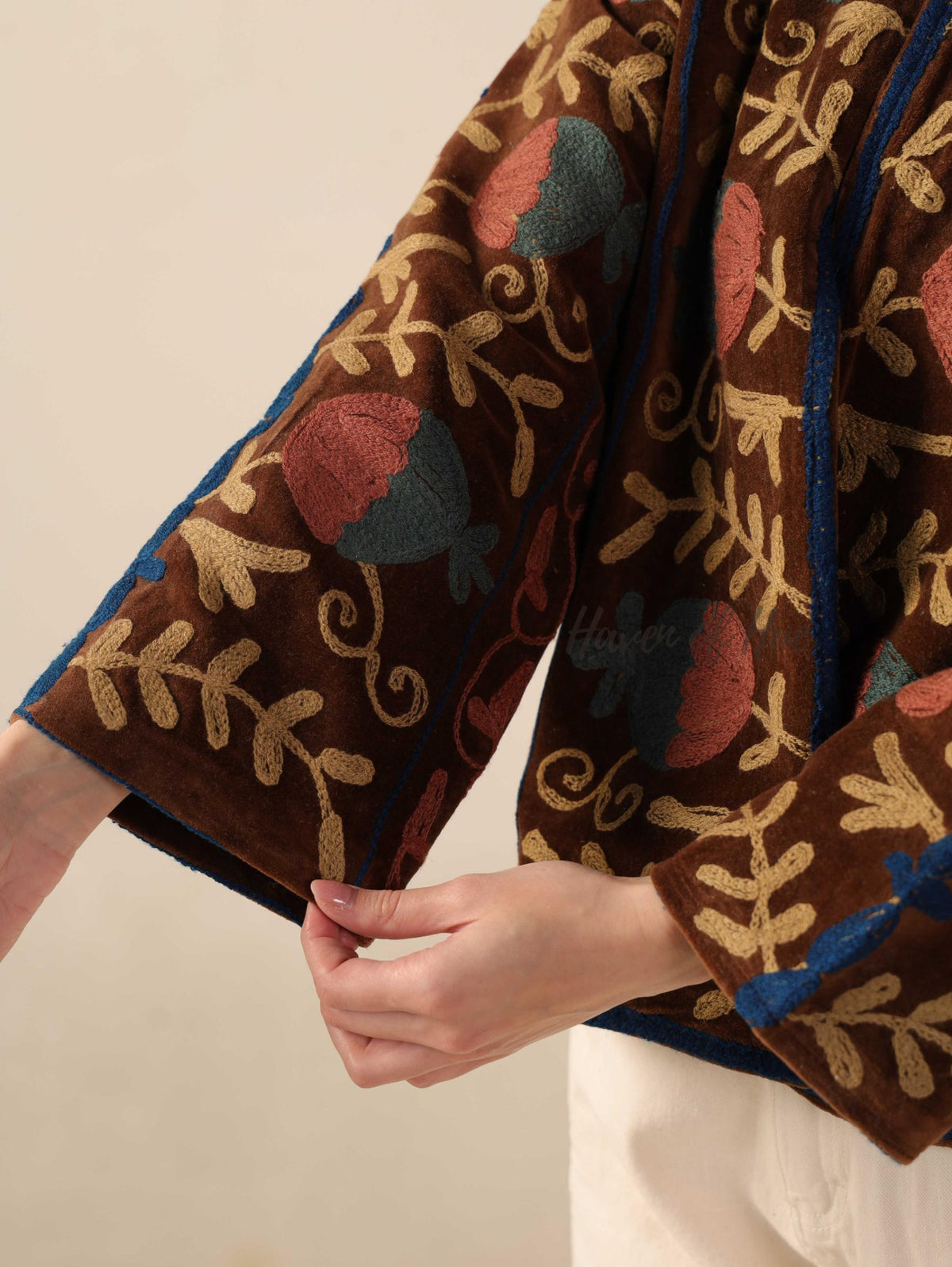 Brown Suzani Velvet Jacket Teal Floral Embroidered Boho Artisanal Statement Coat