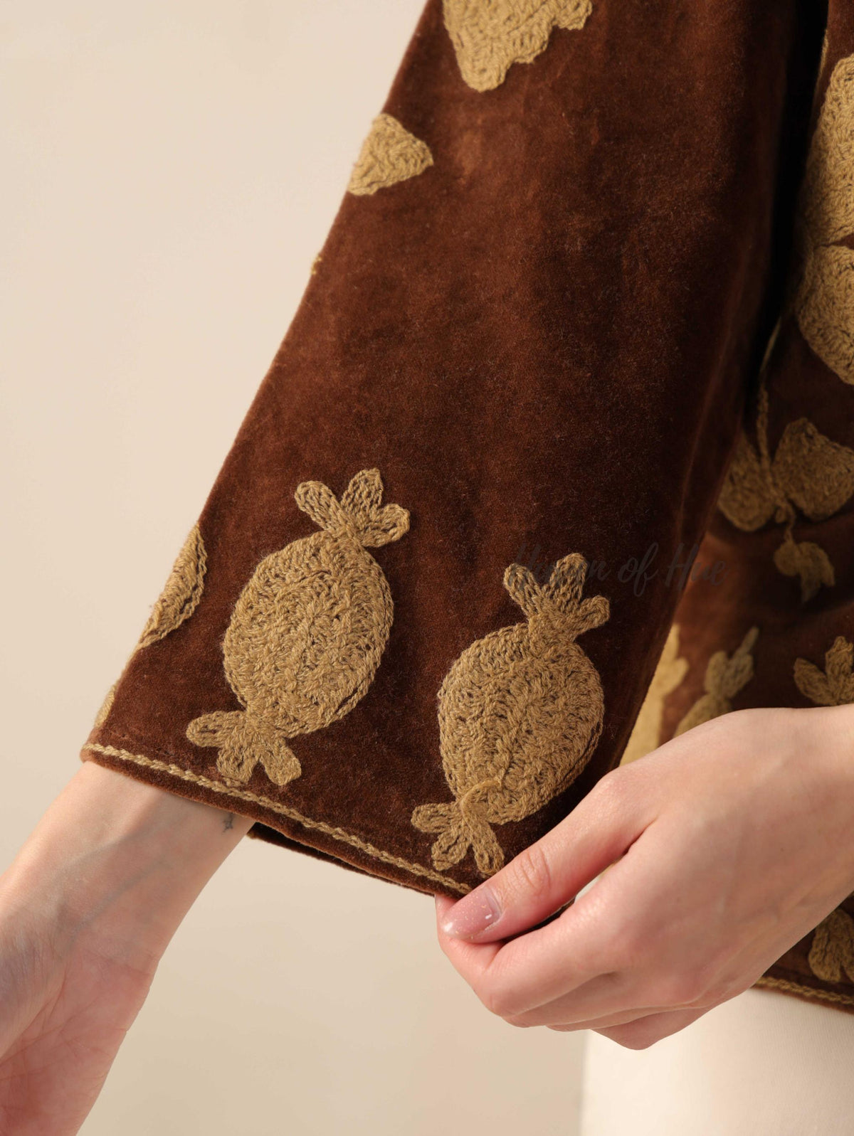 Women's Brown Suzani Velvet Jacket Gold Embroidered Boho Minimalist Fall Coat