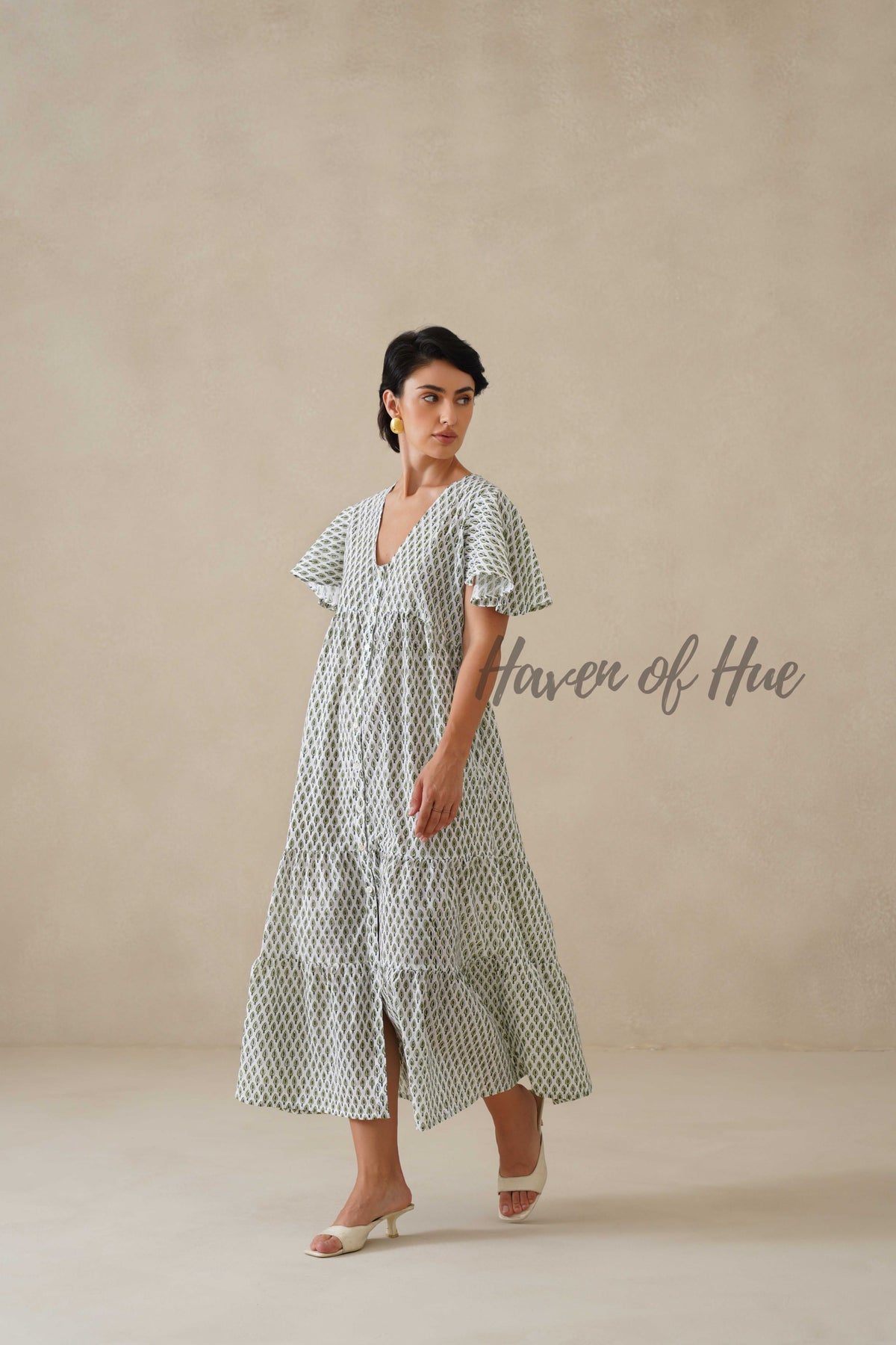 Sage Green Floral Block Print Cotton Midi Dress - Boho Summer Tiered