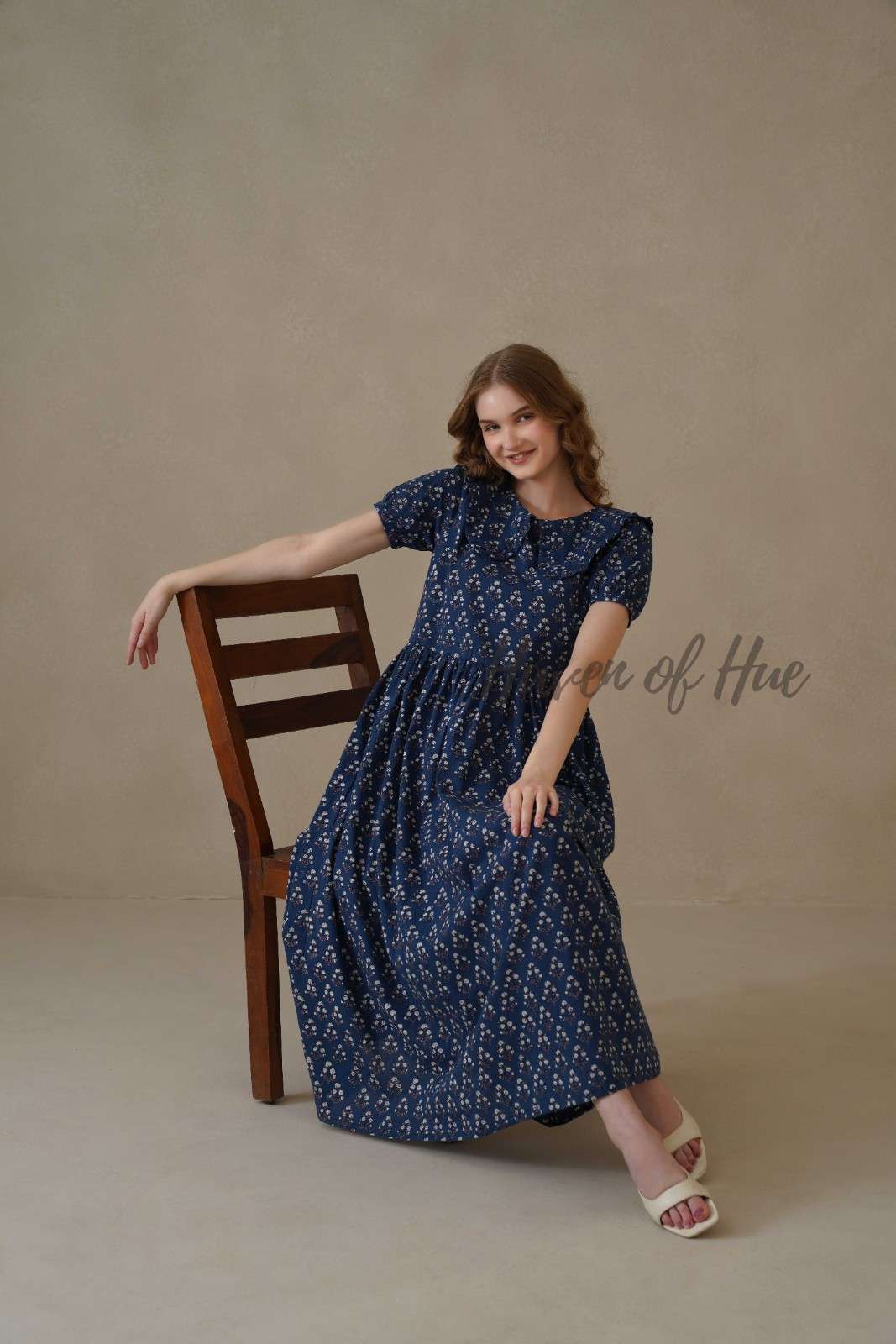 Peter Pan Collar Cotton Midi Dress, Hand Block Print Summer Dress with Pockets