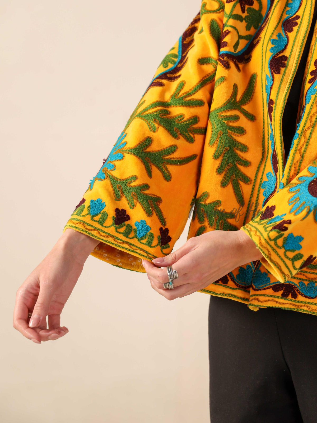 Women's Yellow Suzani Velvet Jacket Teal Floral Embroidered Boho Coat