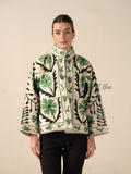 Women's White Suzani Velvet Jacket Green Floral Embroidered Boho Coat