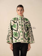 Women's White Suzani Velvet Jacket Green Floral Embroidered Boho Coat