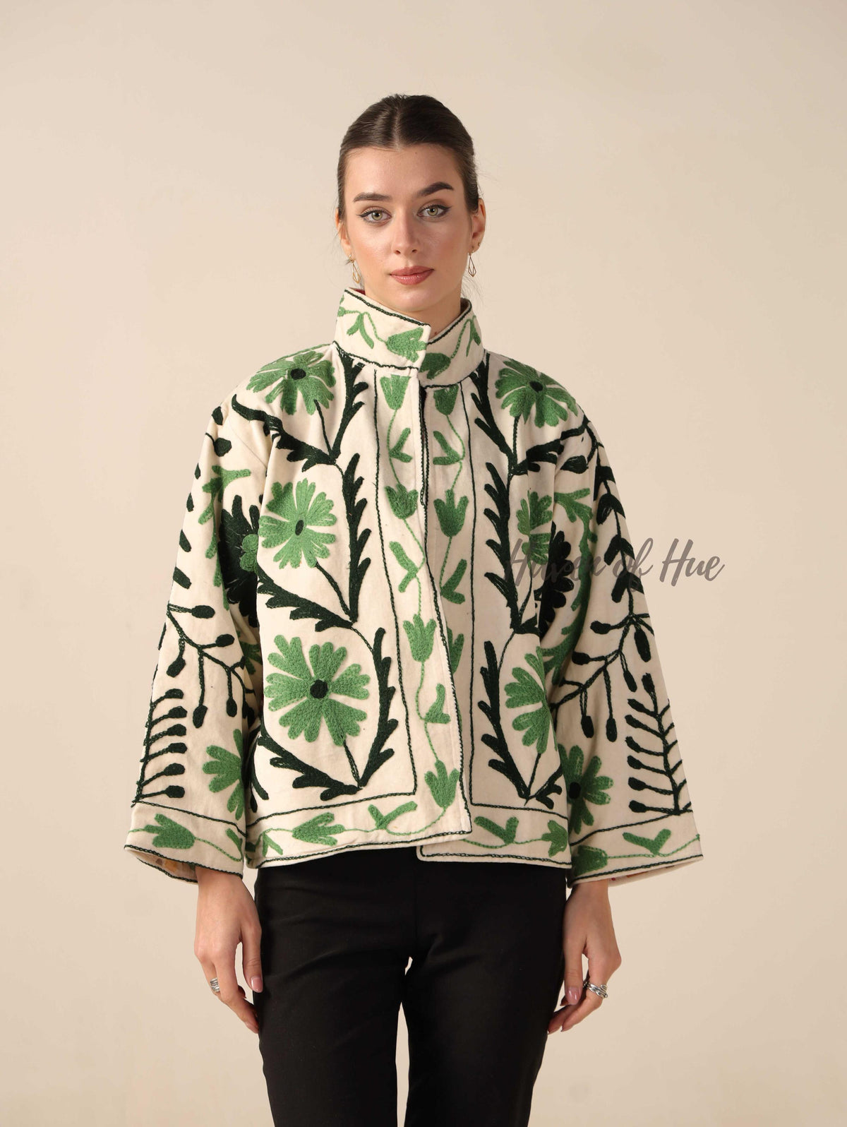 Women's White Suzani Velvet Jacket Green Floral Embroidered Boho Coat