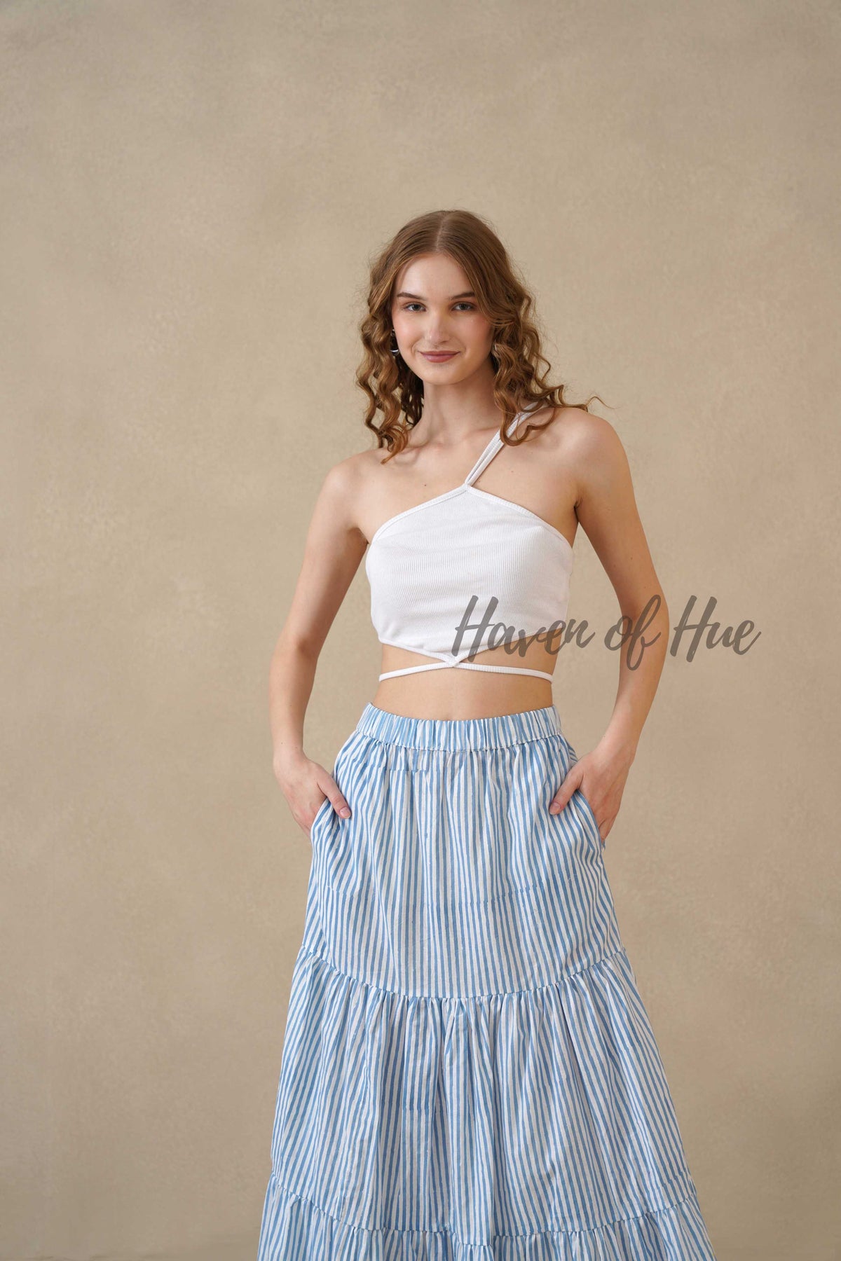 Women's Blue and White Striped Cotton Boho Tiered Maxi Skirt for Summer