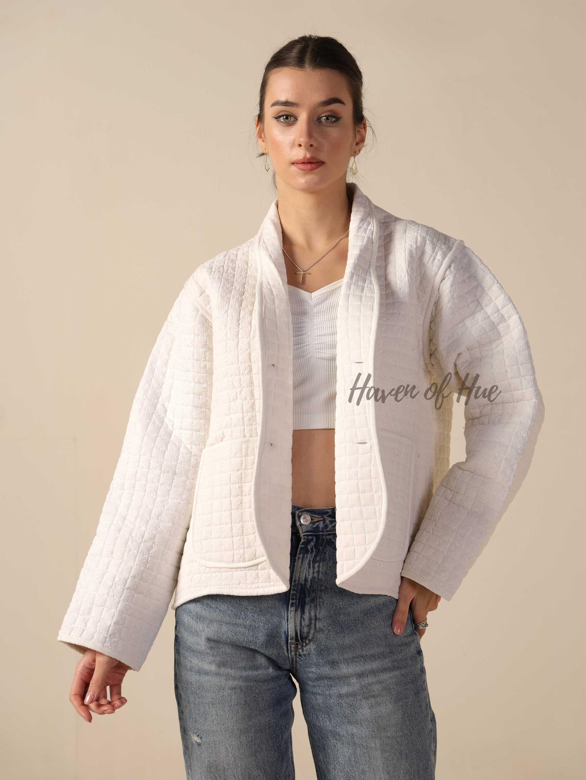 Women's Lightweight White Cotton Embroidered Casual Open Front Jacket