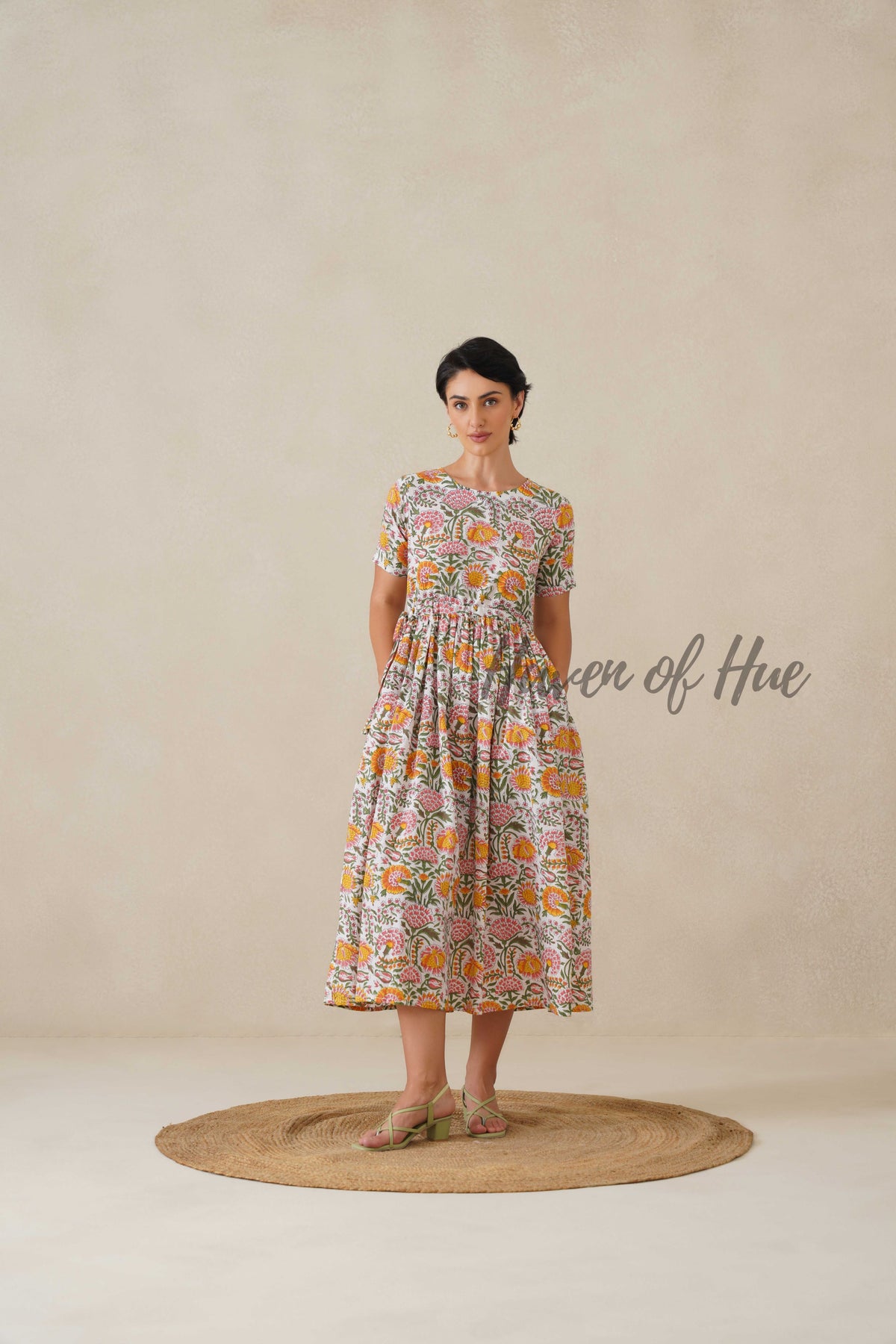 Multi Color Floral Cotton Midi Dress - Boho Short Sleeve Cottagecore Dress