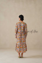 Cotton Midi Dress Summer Boho Floral Print, White and Orange Block Print Sundress