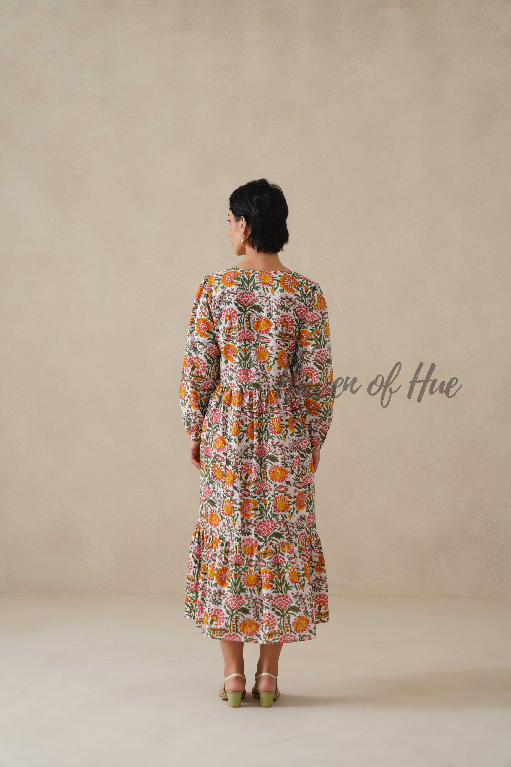 Cotton Midi Dress Summer Boho Floral Print, White and Orange Block Print Sundress