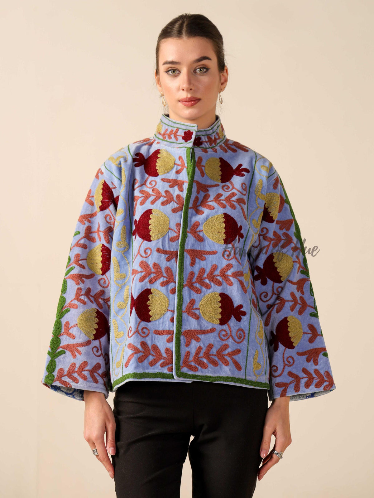 Women's Blue Suzani Velvet Jacket Red Pomegranate Embroidered Boho Coat