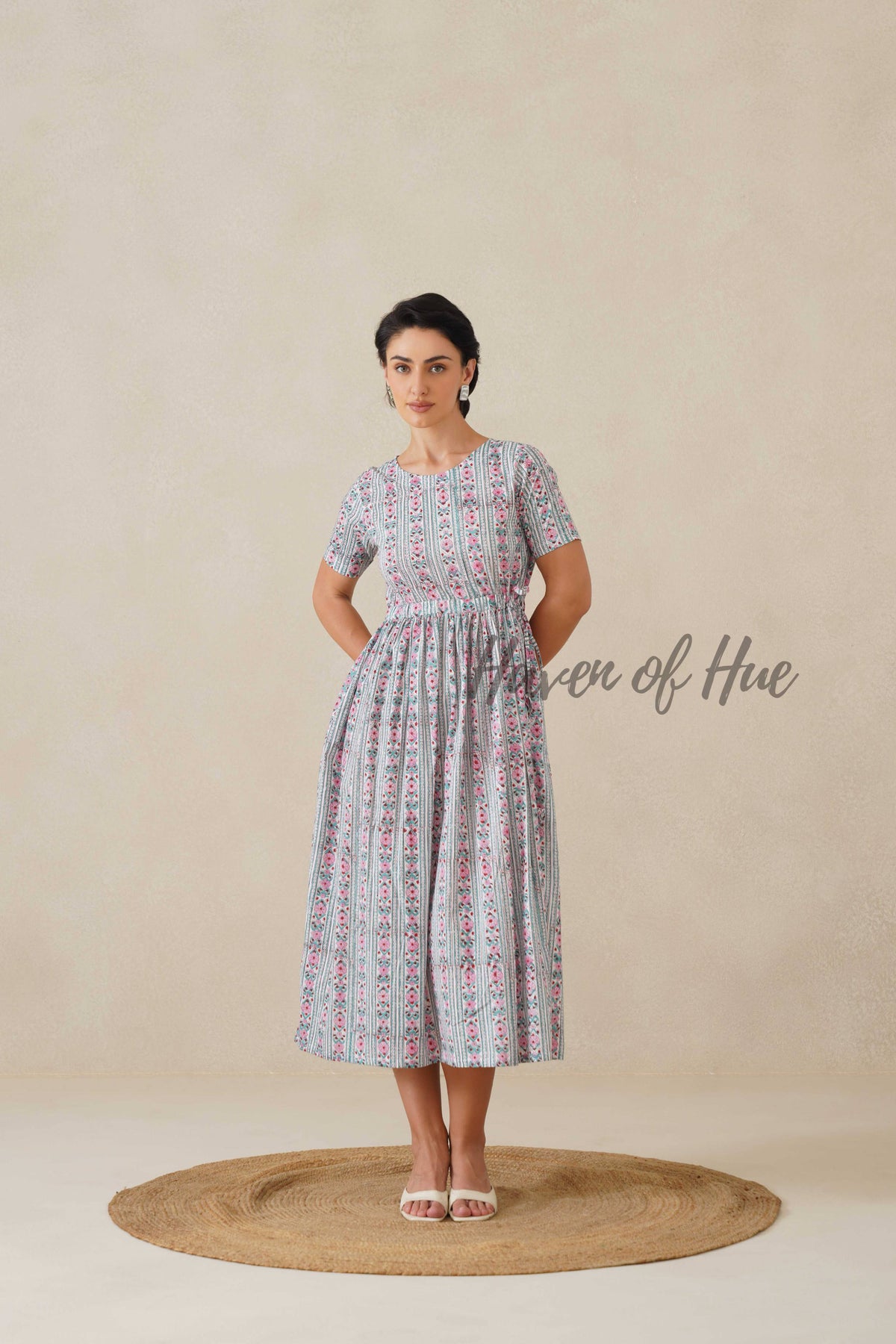 White Floral Striped Cotton Midi Dress - Teal Boho Summer Dress