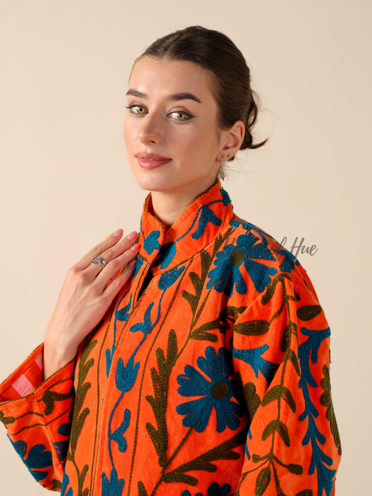 Women's Orange Suzani Velvet Jacket Teal Blue Floral Embroidered Boho Coat