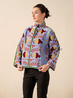 Women's Blue Suzani Velvet Jacket Red Pomegranate Embroidered Boho Coat