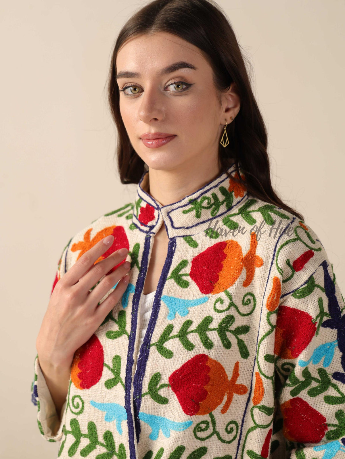 Women's White Cotton Embroidered Jacket Boho Lightweight Relaxed Fit