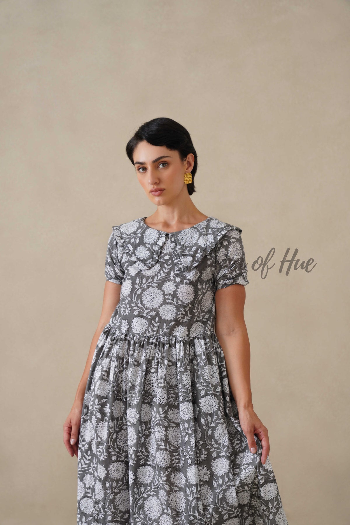 Women Cotton Tunic Top - Hand Block Print Peter Pan Collar Blouse - Grey Floral Boho Top - Artisan Crafted Relaxed Fit Summer Top