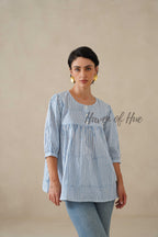 Women Cotton Tunic Top | Hand Block Print Striped Blue Top - 100% Breathable Cotton Summer Tunic