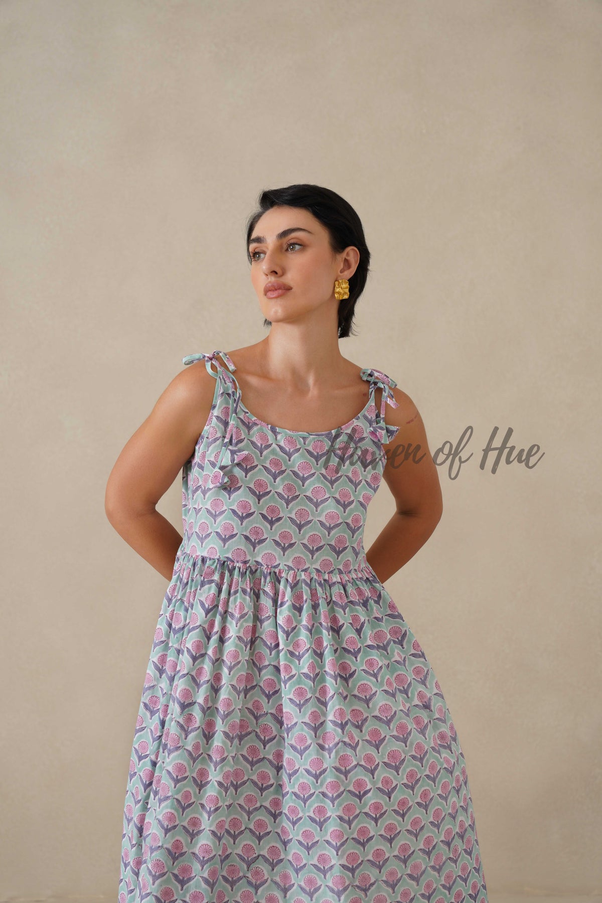 Women Cotton Tunic Top - Hand Block Print Tie-Shoulder Blouse - Floral Mint Boho Top - Artisan Relaxed Fit Sleeveless Summer Top