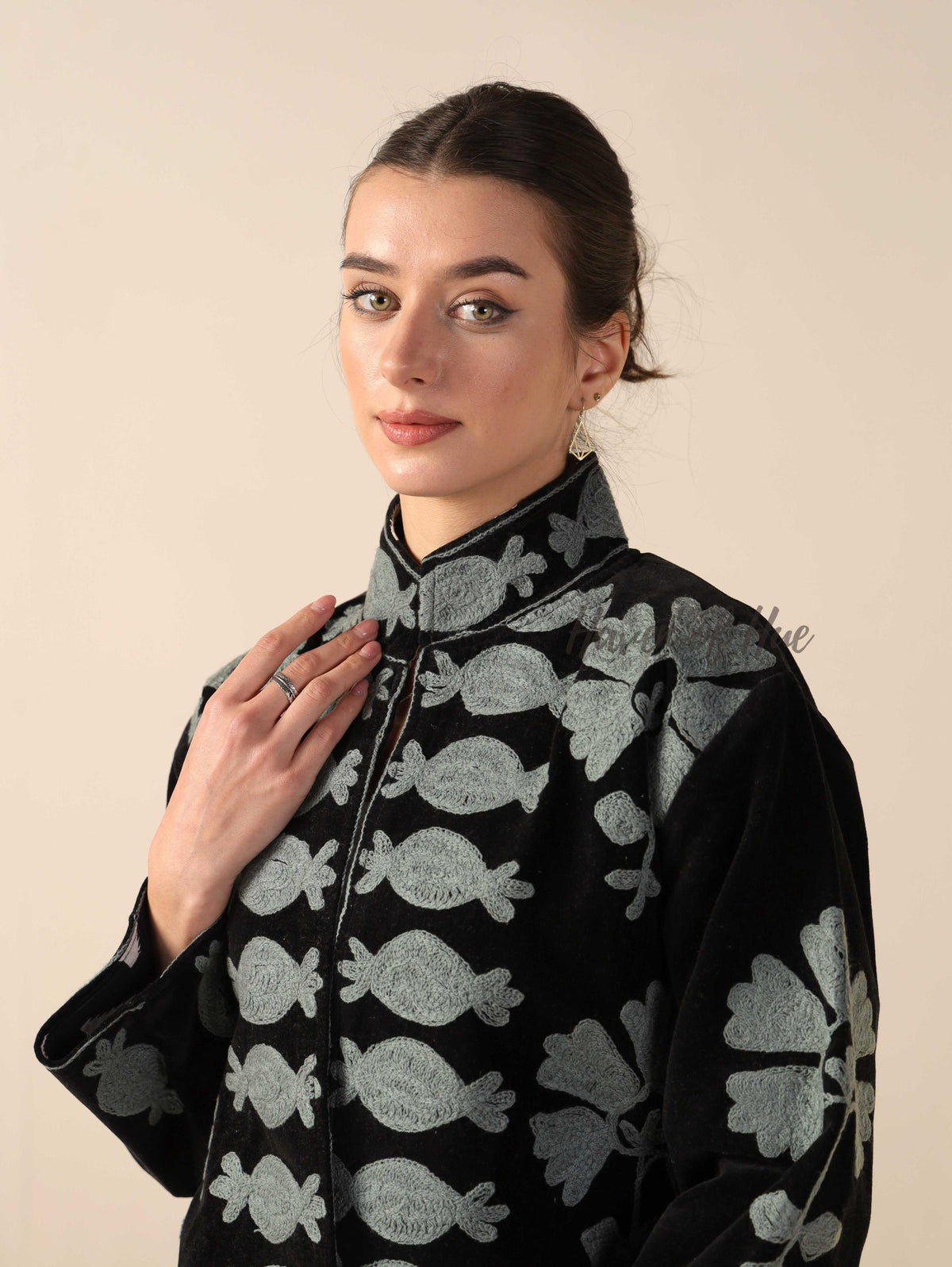 Women's Black Suzani Velvet Jacket Silver Pomegranate Embroidered Boho Coat