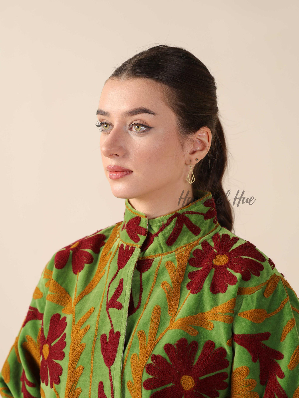 Women's Green Suzani Velvet Jacket Boho Maroon Floral Embroidered Coat