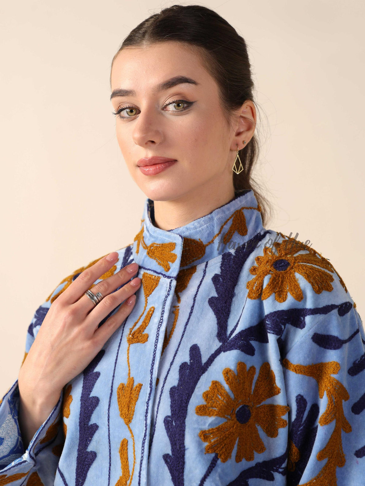 Women's Blue Suzani Velvet Jacket Boho Floral Embroidered Winter Coat