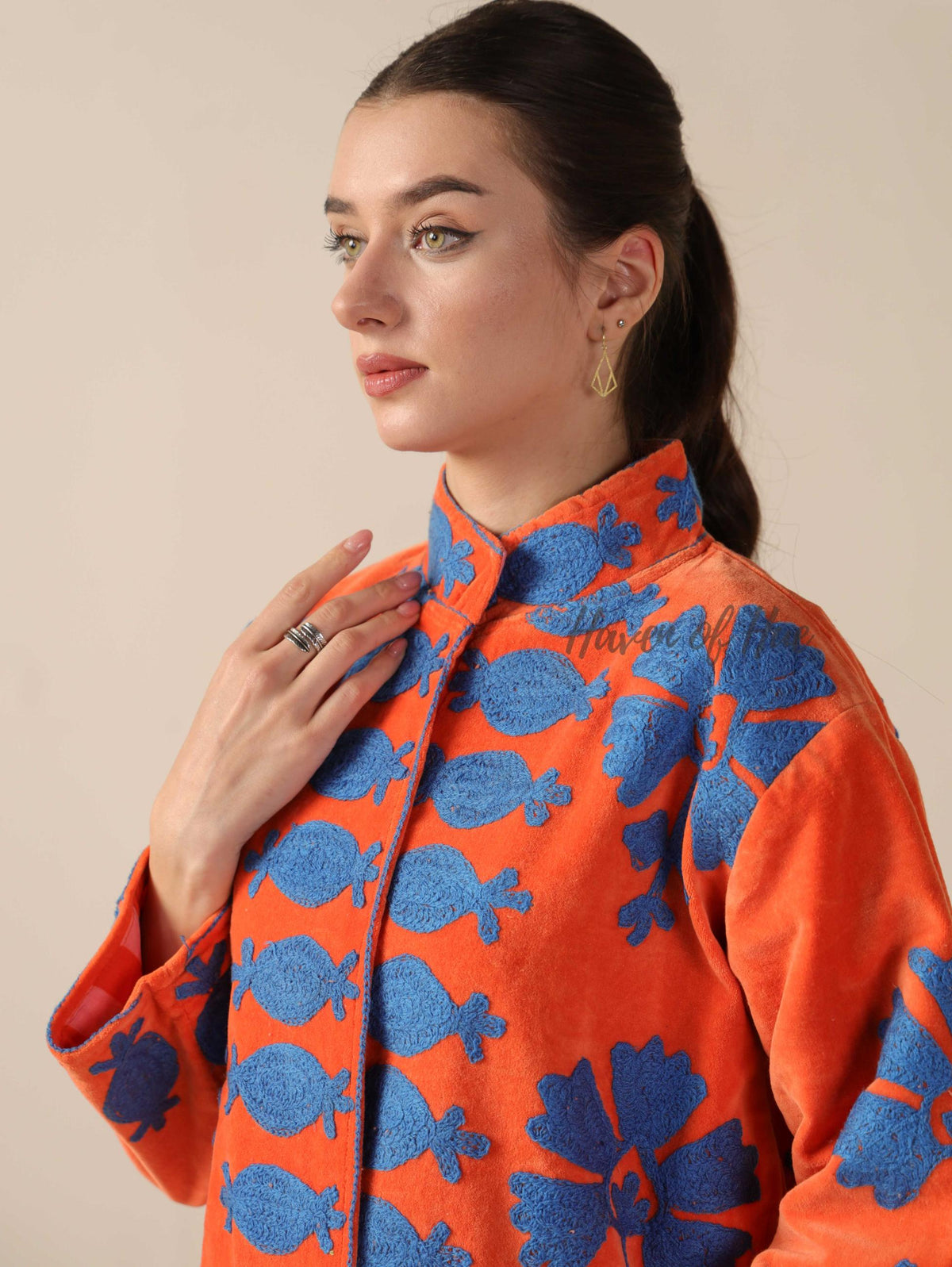 Women's Orange Suzani Velvet Jacket Blue Pomegranate Embroidered Boho Coat